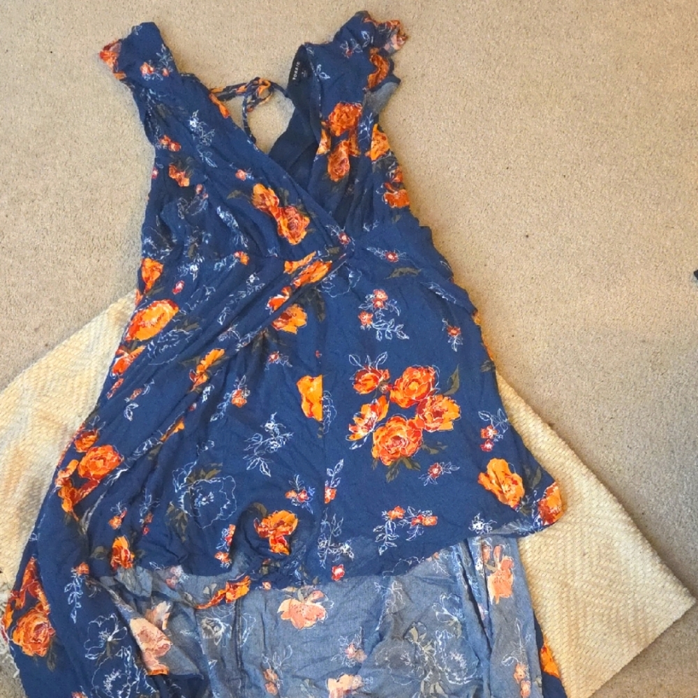 Torrid 1X Floral Blue and Coral Chiffon Romper Dress